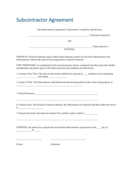 Free Construction Subcontractor Agreement Template Printable Templates