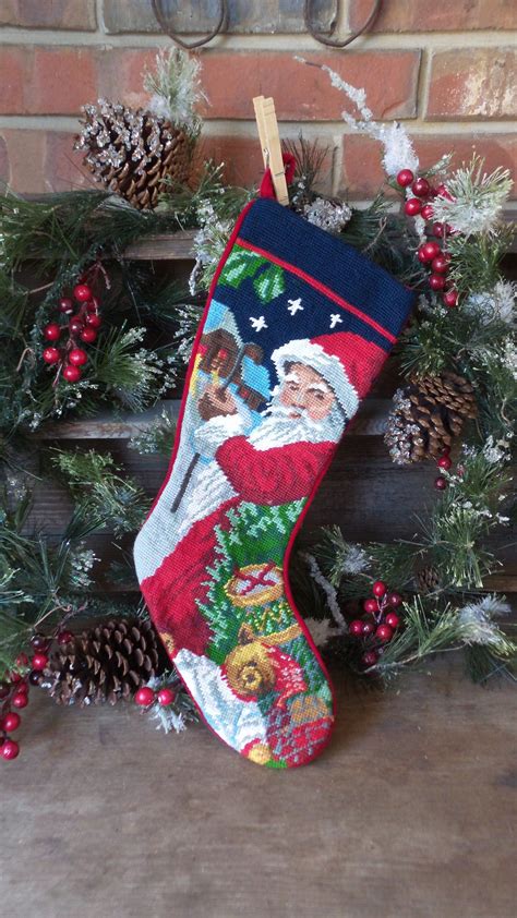 vintage santa needlepoint stocking needlepoint christmas etsy needlepoint christmas