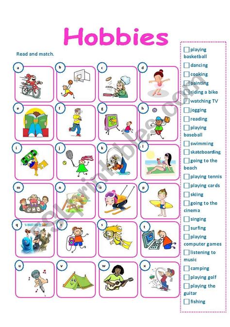 Hobbies Esl Vocabulary Matching Exercise Worksheet For Kids