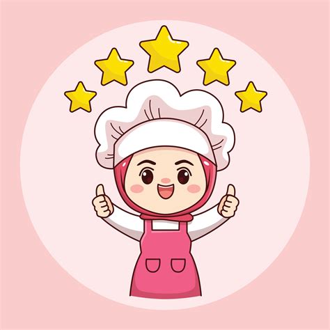 Cute And Kawaii Hijab Female Chef Or Baker With Thumbs Up And Five
