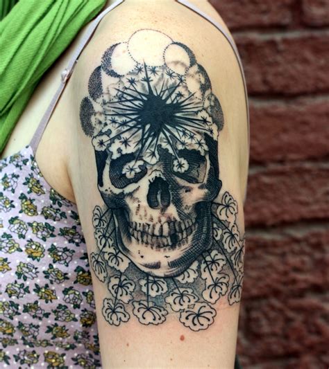 Medieval depiction of the skull as a symbol of wisdom. Illustrative skull with moon phases and ladies lace flower. tattoo by Canyon Webb | Flower ...