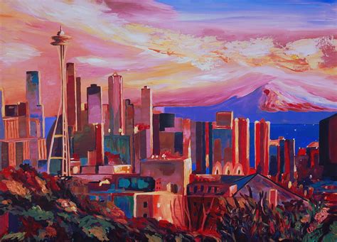 Seattle Skyline With Space Needle And Mt Rainier Painting By M
