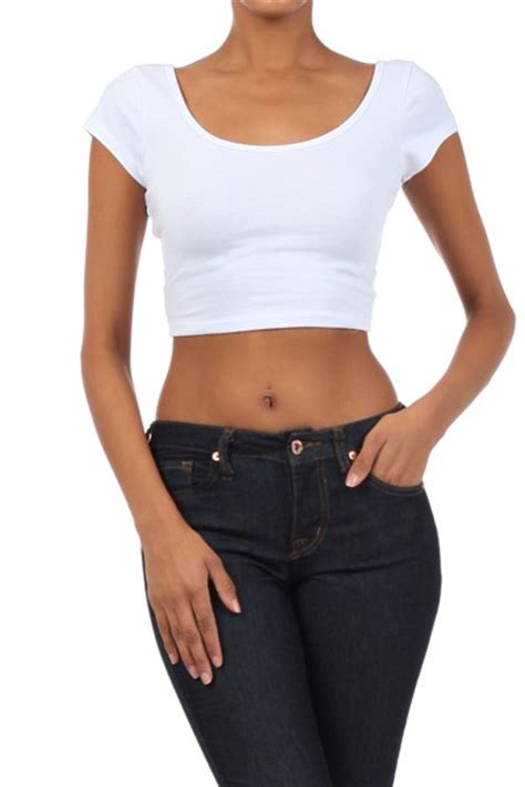 Solid Plain Scoop Neck Basic Deep Back Short Sleeve Cropped Belly Tee