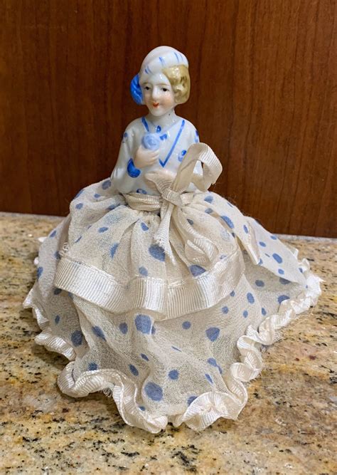 Vintage Ceramic Half Doll Blue Polka Dotted Pin Cushion Etsy Half