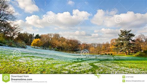 The First Snow In The Autumn Park Panorama Stock Photo Image Of