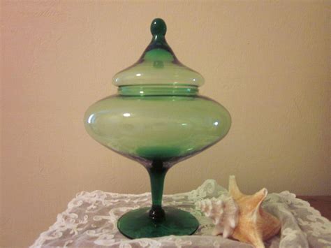 Green Glass Footed Candy Dish With Lid Vintage Etsy Candy Dishes Green Glass Etsy Vintage