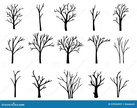 Naked Trees Silhouettes Set Hand Drawn Isolated Illustrations Stock Vector Illustration Of