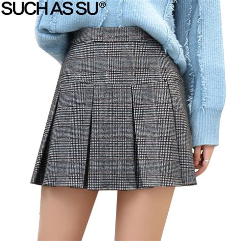 New 2018 Fall Winter Woolen Skirt Women High Waist Sexy Mini Pleated