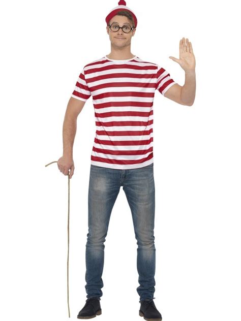 Mens Wheres Wally Waldo Costume Kit Top Hat Glasses T Shirt Outfit