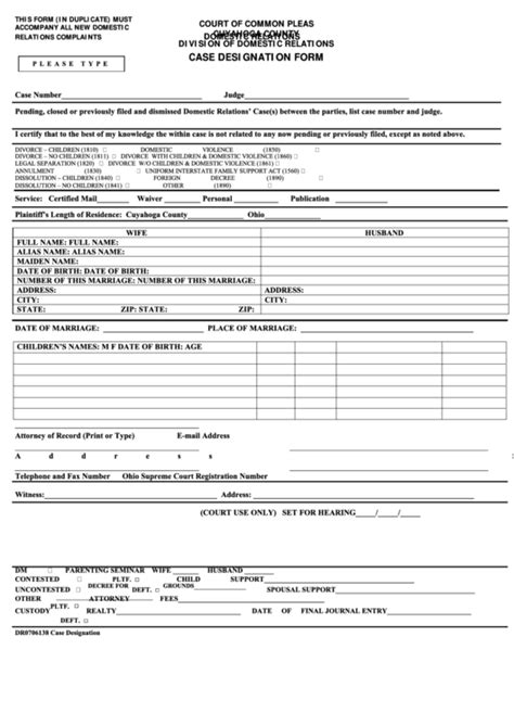 The plaintiff (the party who initiates the case) shall collect the initial divorce paperwork and fill out a divorce petition. Fillable Dr0706138 Case Designation Form - Court Of Common ...