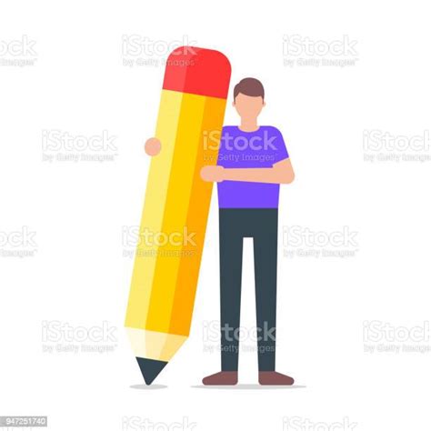 Vector Illustration Of A Man Holding A Big Pencil Flat Style Stock