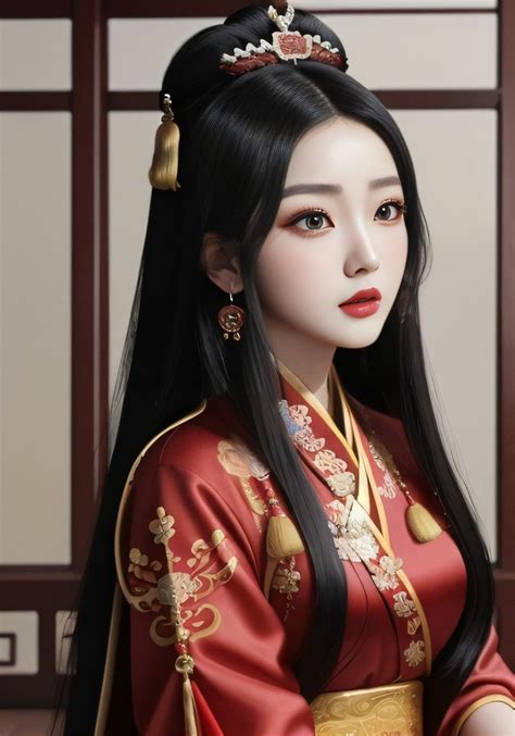 A Woman With Long Black Hair Wearing A Red Dress By L Ji Popular
