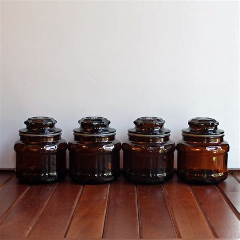 Vintage Brown Amber Glass Apothecary Jar Canister Set Of 4 With Lids