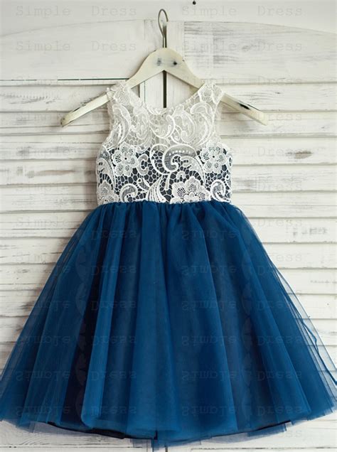 A Line Jewel Navy Blue Flower Girl Dress With Lace