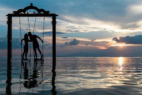 Sunset Sea Love Couple Pair Silhouettes Romance Swing Hd