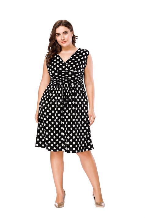 Casual Women Summer Polka Dot Dress A Line V Neck Sleeveless Plus Size