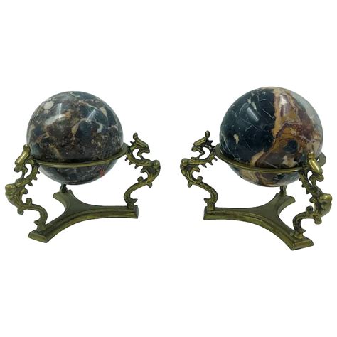 Pair Of Vintage Marble Orbs On Brass Stands Ruby Lane