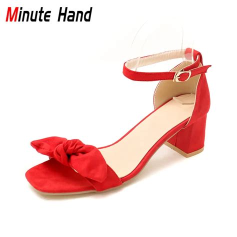 Minute Hand New Fashion High Heels Sandals Women Removable Bow Knot Shoes Square Peep Toe Buckle