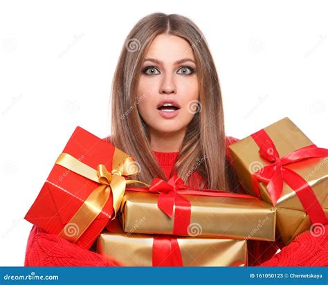 Emotional Young Woman With Christmas Ts On Background Stock Image Image Of Decoration