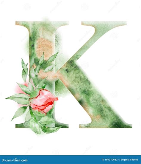 Floral Watercolor Alphabet Monogram Initial Letter K Design With Hand