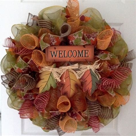 Fall Leaves Welcome Wreath Handmade Deco Mesh Etsy Mesh Wreath Diy