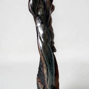 Male With Female Bust Nude Figure Raku Ceramic Sculpture Art Deco Gay