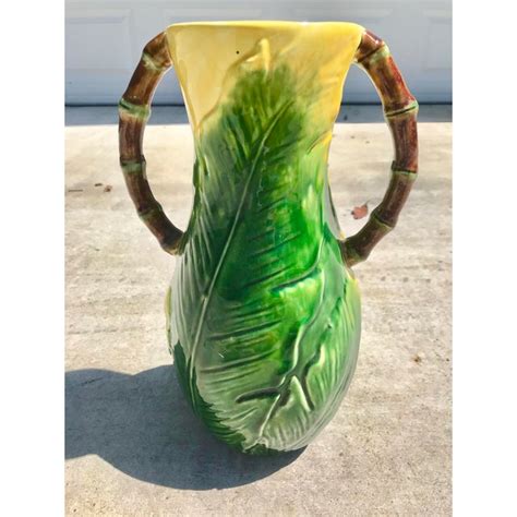 Yellow, green, red, blue, white and black. Vintage Banana Leaf Ceramic Vase | Chairish