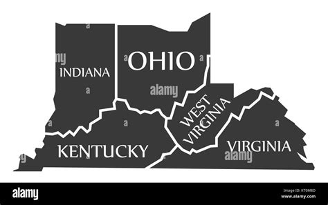Indiana Kentucky West Virginia Virginia Ohio Map Labelled Black