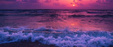 Download Wallpaper 2560x1080 Sea Sunset Horizon Surf Foam Clouds
