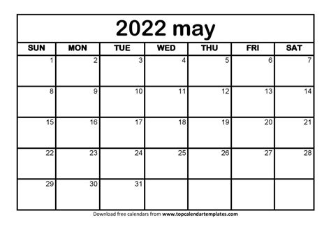 Printable Calendar May 2022 Templates Pdf Word Excel