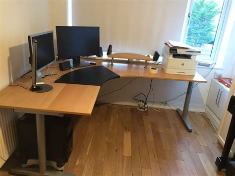 Ikea Large Beech Wood Corner Office Desk With Adjustable Legs In