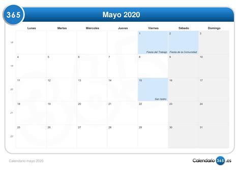 Calendario Mayo 2020
