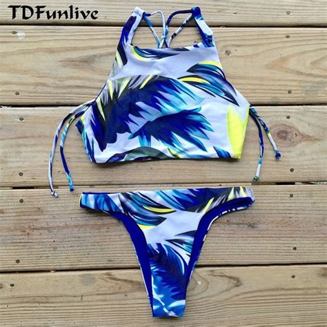 Tdfunlive 2019 New Sexy Halter Crop Top Hang High Neck Bikinis Set Push Up Swimwear Women