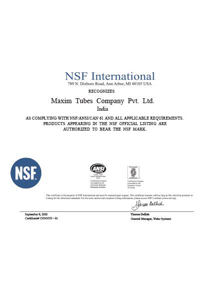 Nsf Certificate Maxim Tubes Company Pvt Ltd
