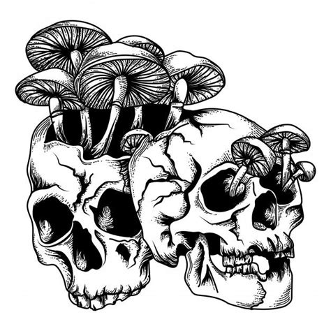 Skull With Mushroom Black And White Illustration | Mushroom drawing