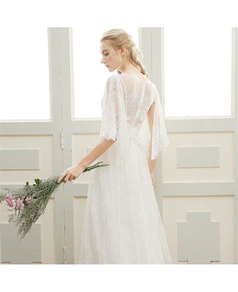 Romantic A Line Scoop Neck Floor Length Bohemian Lace Wedding Dress With Sleeves Df07 199