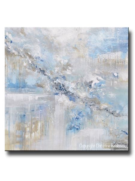 Original Art Blue Abstract Painting White Grey Coastal