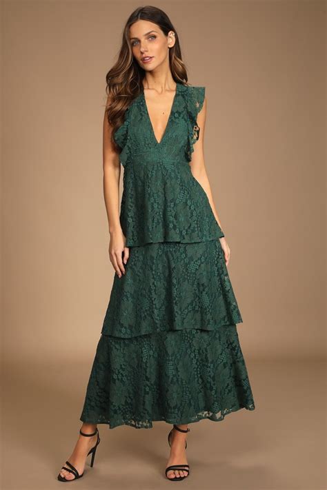 Lovely Forest Green Dress Lace Dress Maxi Dress Tiered Maxi Lulus