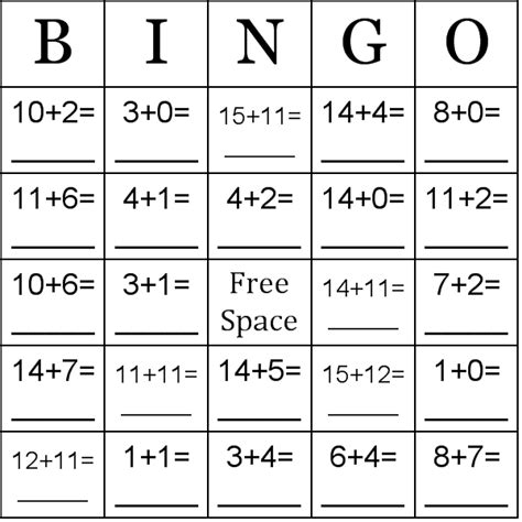 Addition Using Numbers Between 0 15 Bingo Cards