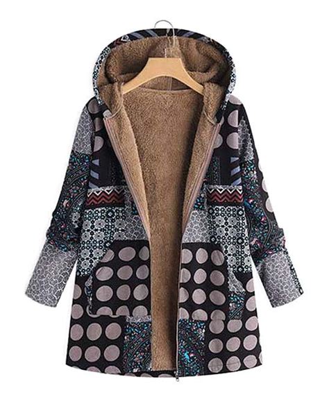 Cellabie Black Geometric Dot Patchwork Hooded Fleece Lined Jacket