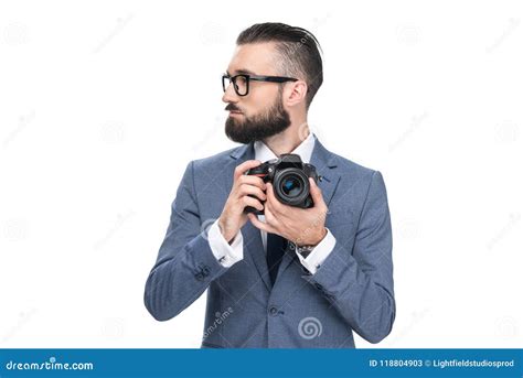 Handsome Male Photographer Holding Professional Camera Stock Image