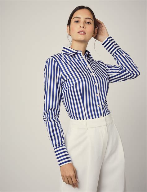 Women S White Blue Bold Stripe Fitted Shirt With Contrast Detail