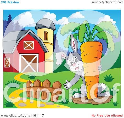 Cartoon Of A Rabbit Pulling A Giant Carrot By A Barn Royalty Free