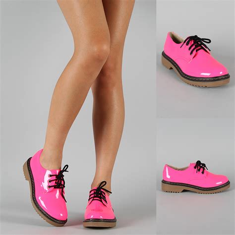 neon pink patent leather lace up round toe low platform oxford flat womens shoes ebay