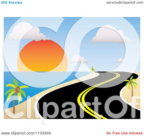 Clipart Curvy Coastal Road Along A Tropical Beach At Sunset - Royalty Free Vector Illustration ...