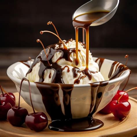 Pouring Chocolate Syrup Over A Scoop Of Vanilla Sundae Ice Cream