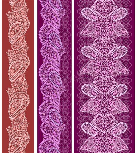 Purple Lace Flowers Vertical Seamless Pattern Background Border Stock