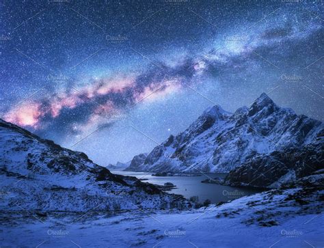 Bright Milky Way Over Mountains Night Landscape Milky Way Milky Way