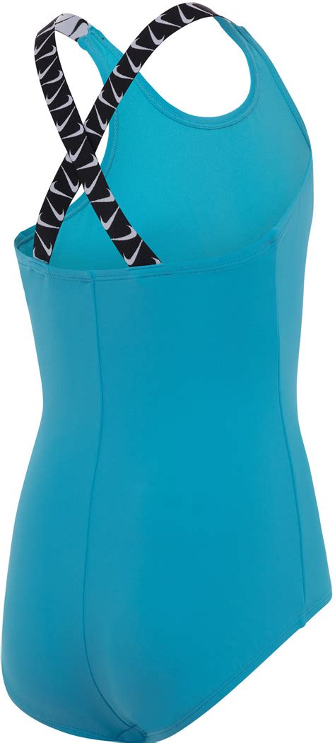 Nike Swim Logo Tape Crossback One Piece Swimsuit Girls Chlorine Blue