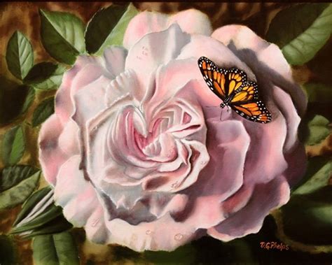 Pink Blossom Rose With Monarch Butterfly By Delmus Phelps Oil ~ 16 X 20